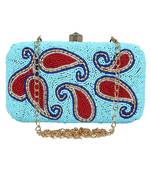 Adorn Embellished Faux Silk Clutch Sky Blue & Red