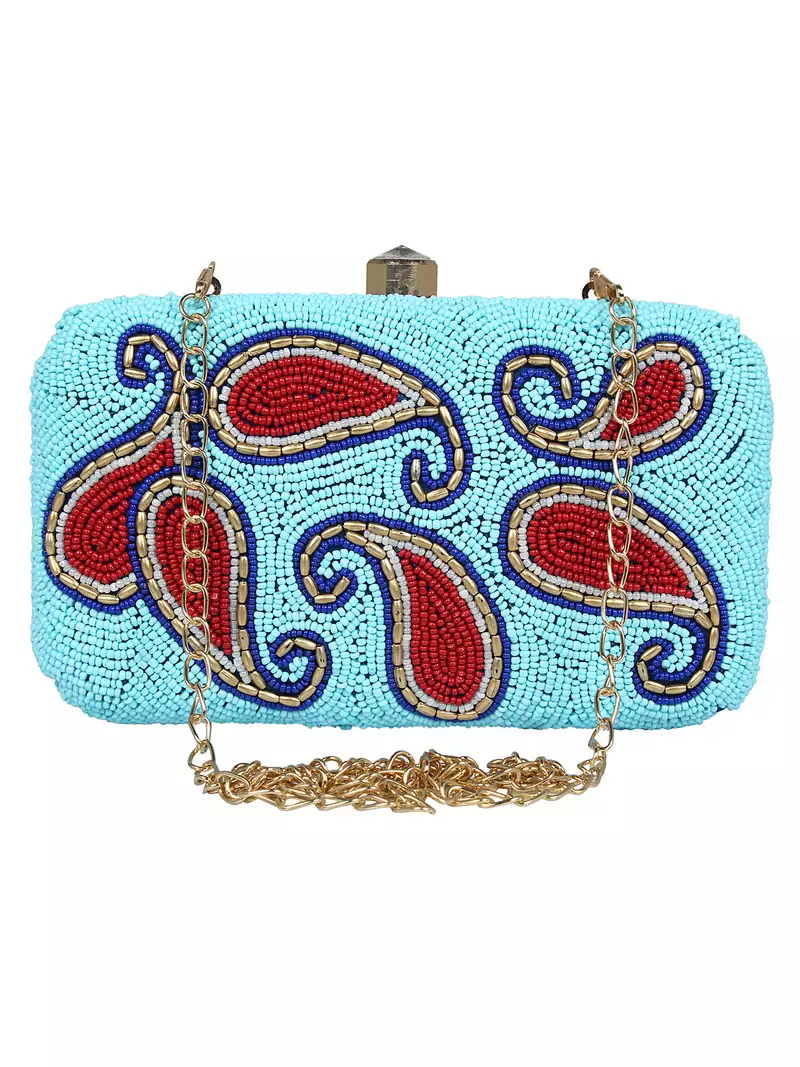 Adorn Embellished Faux Silk Clutch Sky Blue & Red