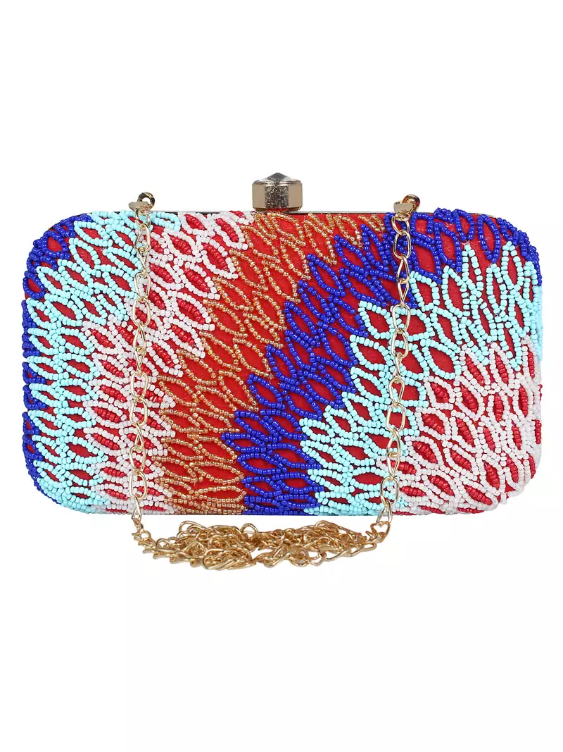 Adorn Embellished Faux Silk Clutch Multi & Red