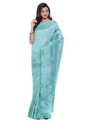 Sky blue plain silk blend saree with blouse 2