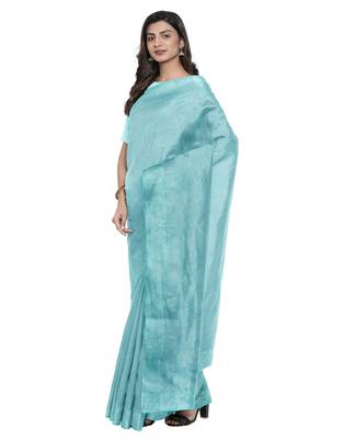 Sky blue plain silk blend saree with blouse 3