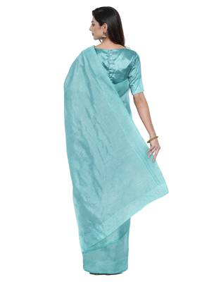 Sky blue plain silk blend saree with blouse 4