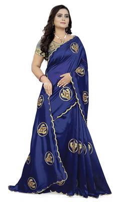 Blue embroidered faux georgette saree with blouse 3