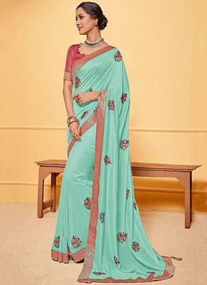   sky blue embroidered silk blend saree with blouse 1