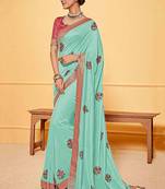   sky blue embroidered silk blend saree with blouse
