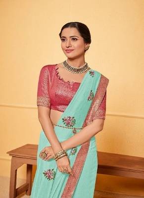   sky blue embroidered silk blend saree with blouse 2