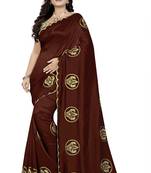 Brown embroidered faux georgette saree with blouse