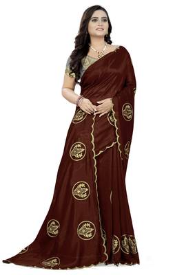 Brown embroidered faux georgette saree with blouse 3