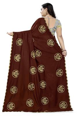 Brown embroidered faux georgette saree with blouse 4