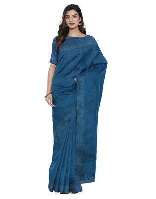 Blue plain silk blend saree with blouse 1