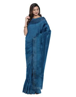 Blue plain silk blend saree with blouse 2