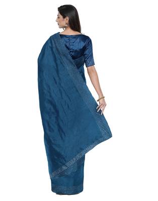 Blue plain silk blend saree with blouse 3
