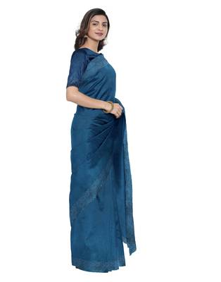 Blue plain silk blend saree with blouse 5