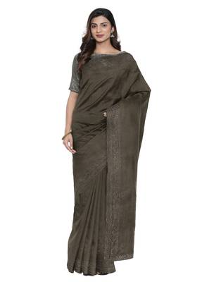 Grey plain silk blend saree with blouse 1