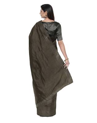 Grey plain silk blend saree with blouse 2