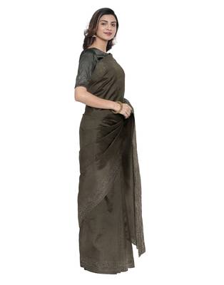 Grey plain silk blend saree with blouse 4