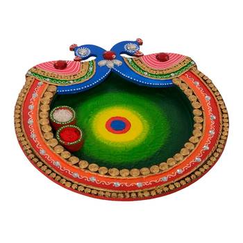 Wooden Papier Mache Designer Peocock Shape Pooja Thali 1