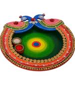 Wooden Papier Mache Designer Peocock Shape Pooja Thali