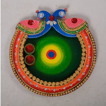 Wooden Papier Mache Designer Peocock Shape Pooja Thali 4