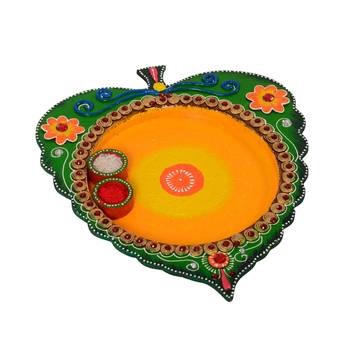Wooden Papier Mache Designer Leaf Shape Pooja Thali 2