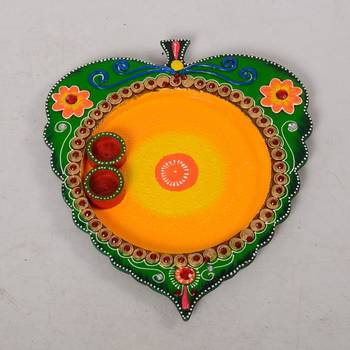 Wooden Papier Mache Designer Leaf Shape Pooja Thali 1