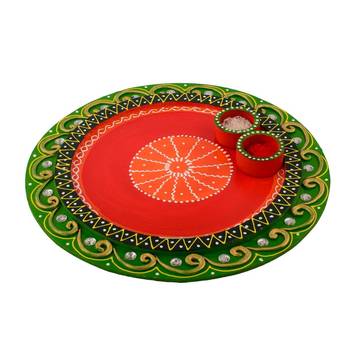 Wooden Papier Mache Embossed Round Shape Pooja Thali 1