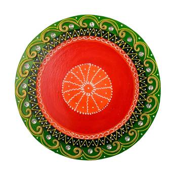Wooden Papier Mache Embossed Round Shape Pooja Thali 2