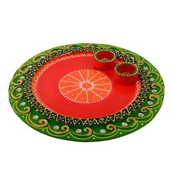 Wooden Papier Mache Embossed Round Shape Pooja Thali 3