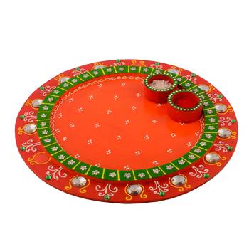 Wooden Papier Mache Crystal Studded Round Shape Pooja Thali 1