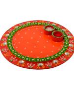 Wooden Papier Mache Crystal Studded Round Shape Pooja Thali
