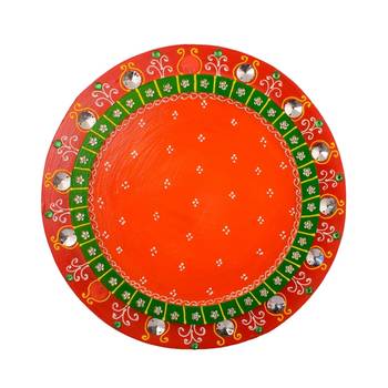 Wooden Papier Mache Crystal Studded Round Shape Pooja Thali 2