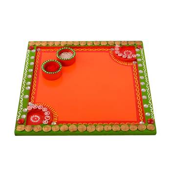 Wooden Papier Mache Embossed Square Shape Pooja Thali 1