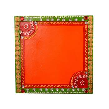 Wooden Papier Mache Embossed Square Shape Pooja Thali 2