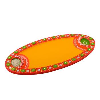 Wooden Papier Mache Embossed Oval Shape Pooja Thali 1