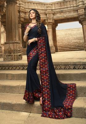 Dark Royal Blue Printed Georgette Saree With Blouse 1