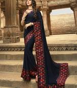 Dark Royal Blue Printed Georgette Saree With Blouse