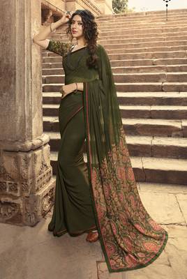 Dark Green Printed Georgette Saree With Blouse 1