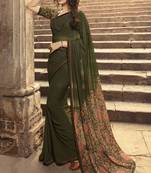 Dark Green Printed Georgette Saree With Blouse