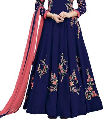 Blue Embroidered Faux Georgette semi stitched Salwar with dupatta 2