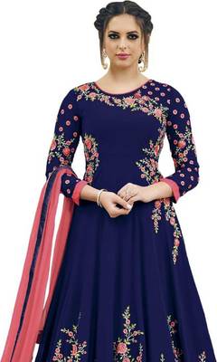 Blue Embroidered Faux Georgette semi stitched Salwar with dupatta 3