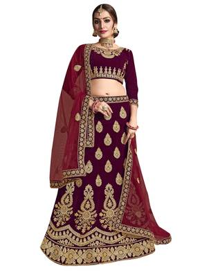 Maroon Embroidered Velvet Semi Stitched Lehenga 1