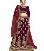 Maroon Embroidered Velvet Semi Stitched Lehenga