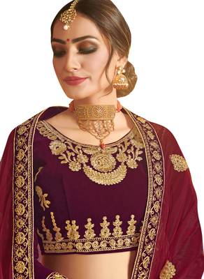 Maroon Embroidered Velvet Semi Stitched Lehenga 2