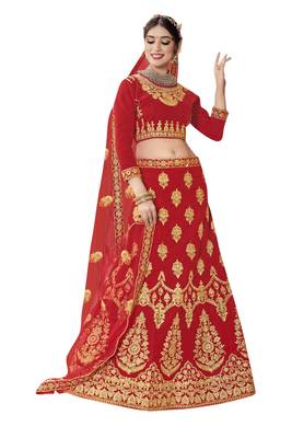 Red Embroidered Velvet Semi Stitched Lehenga 1