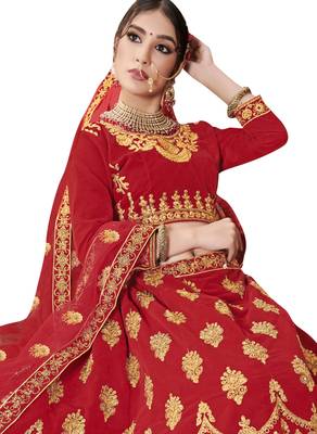 Red Embroidered Velvet Semi Stitched Lehenga 2