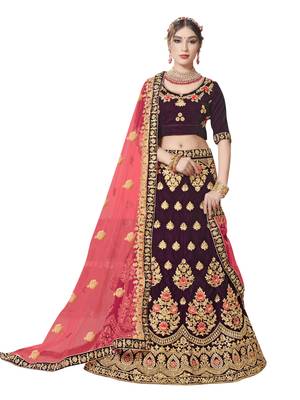 Purple Embroidered Velvet Semi Stitched Lehenga 1