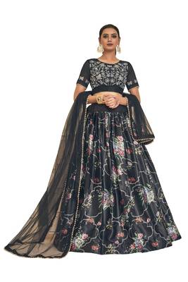 Black Embroidered Satin Semi Stitched Lehenga 1