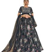 Black Embroidered Satin Semi Stitched Lehenga