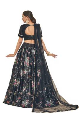 Black Embroidered Satin Semi Stitched Lehenga 2