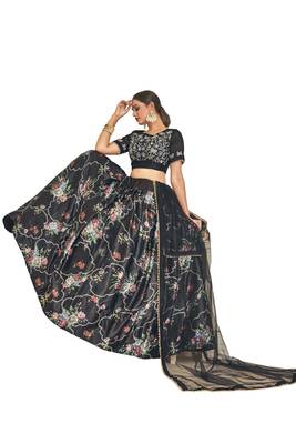 Black Embroidered Satin Semi Stitched Lehenga 3